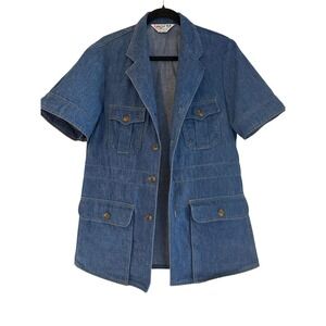 Vtg 70s LEE LEE SET Denim Safari Bush Jacket Short Sleeve Blue Cotton USA Men M